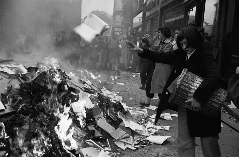 Hungarian Revolution of 1956 / Street Scene with People Burning Russian Books / Photo, 1956